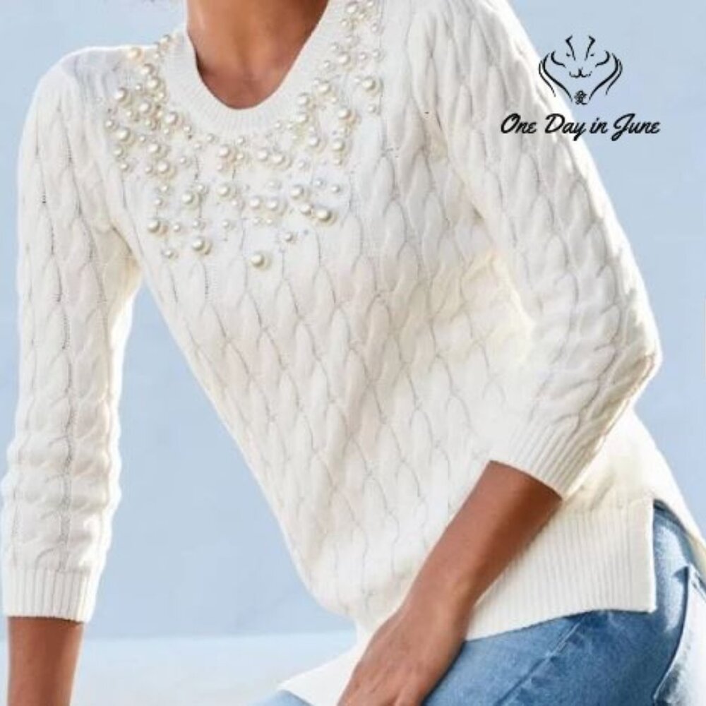 Boston Proper Beaded Pearled Pull Over Sweater Size L